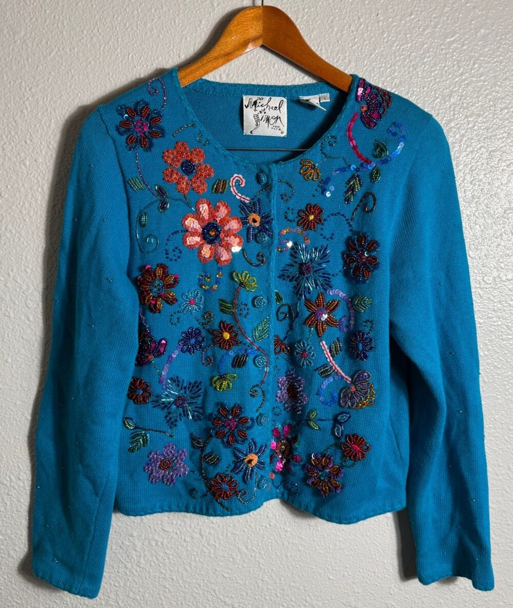 Vintage 1998 Michael Simon Floral Sequin Button Up Cardigan Size Large